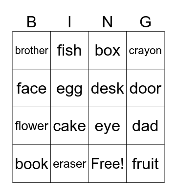 Vocab #7-22 Bingo Game Bingo Card