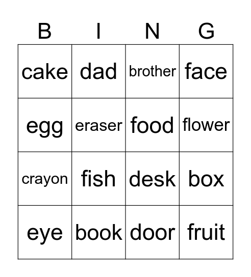 Vocab #7-22 Bingo Game Bingo Card
