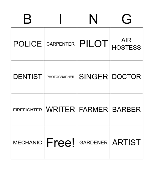 PROFESSIONS Bingo Card