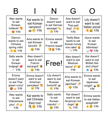 Alex wants to eat Vietnamese pho! 🍜👍 Y/N Bingo Card