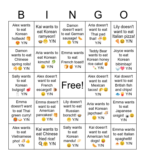 Alex wants to eat Vietnamese pho! 🍜👍 Y/N Bingo Card