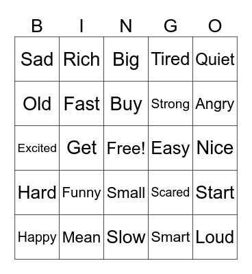 Synonym Bingo Card