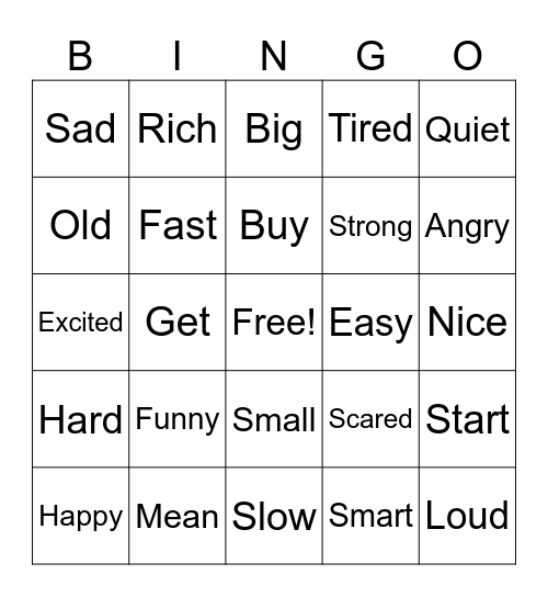 Synonym Bingo Card