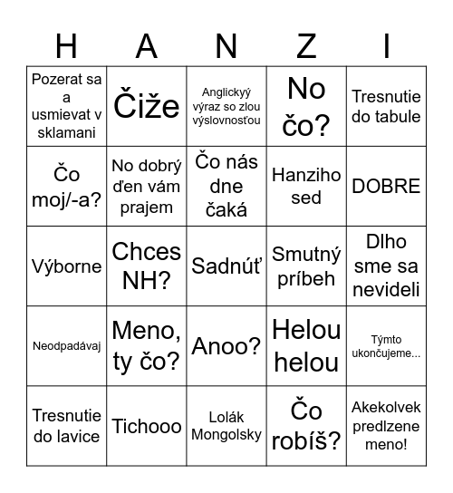 Hanzi bingo Card