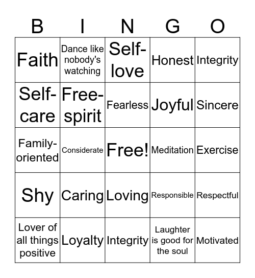 PERSONAL VALUES Bingo Card