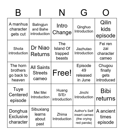 Fabulous Beasts Donghua predictions Bingo Card