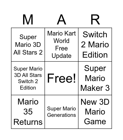 Mario 40th Anniversary Bingo Card