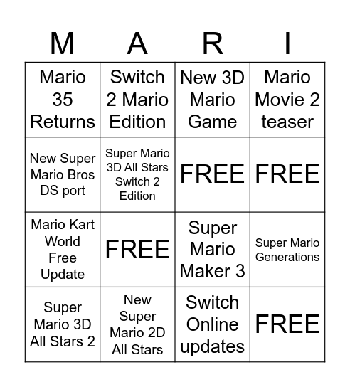 Mario 40th Anniversary Bingo Card