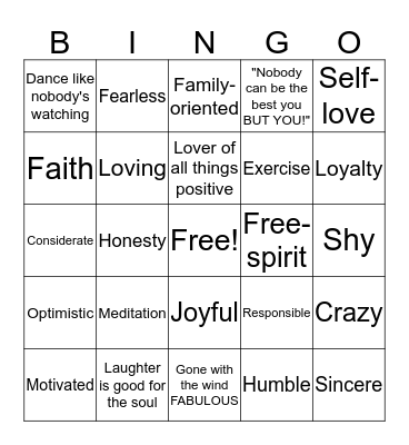 PERSONAL VALUES Bingo Card