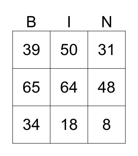 Number Bingo Card