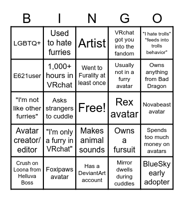 Furry Bingo Card