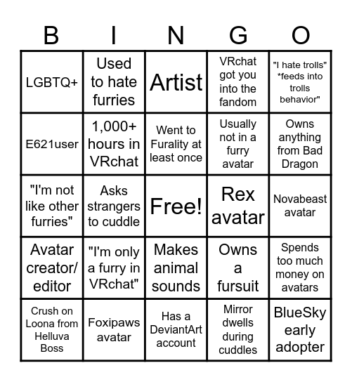 Furry Bingo Card