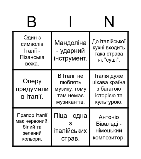 Італія Бінго Bingo Card