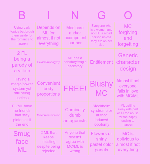 Cliché romance manhwa/webtoon bingo Card