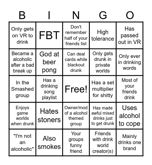 alcoholic Bingo Card