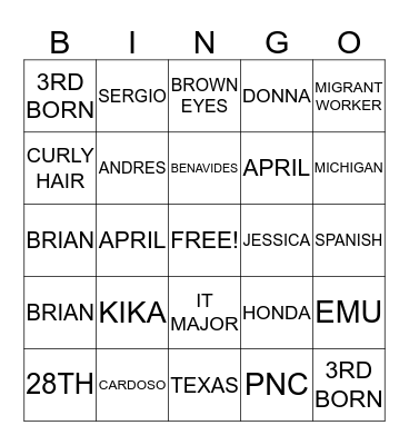 ERICA Bingo Card