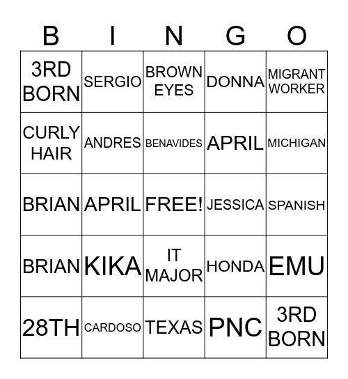 ERICA Bingo Card