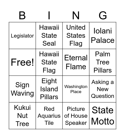 Hawaii State Capitol Bingo Card
