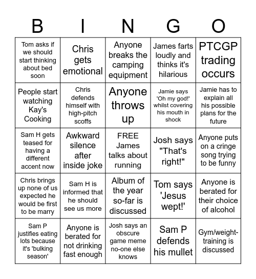 Chris' Stag-Do Bingo Card