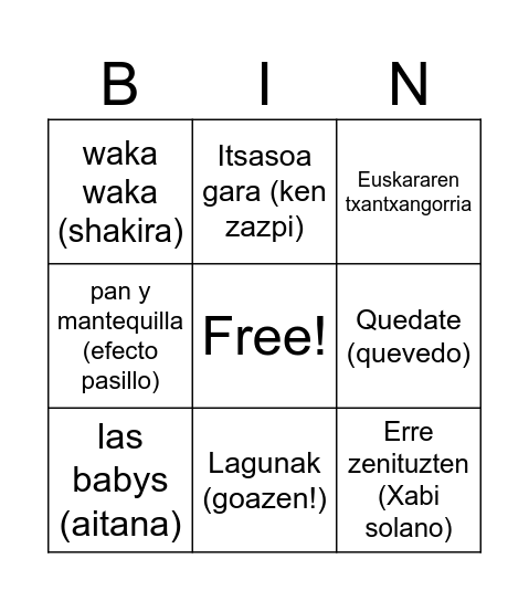 BINGO MUSIKALA Bingo Card