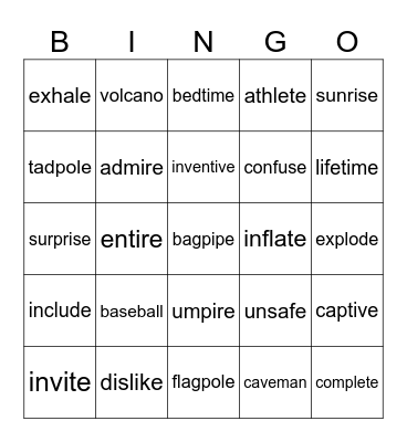 Multisyllabic Words Bingo Card