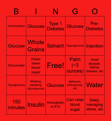 Diabetes Health Bingo Card