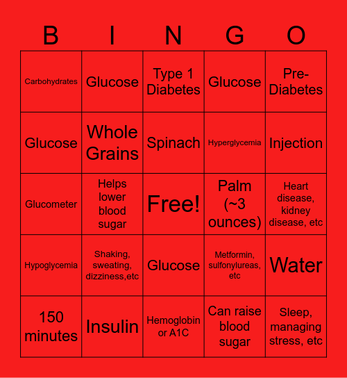 Diabetes Health Bingo Card