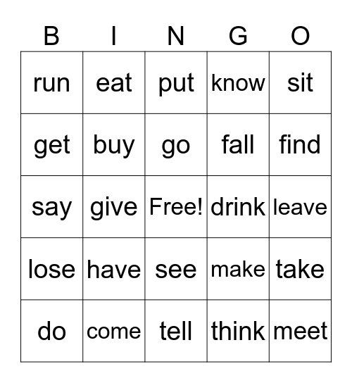 irregular verbs Bingo Card