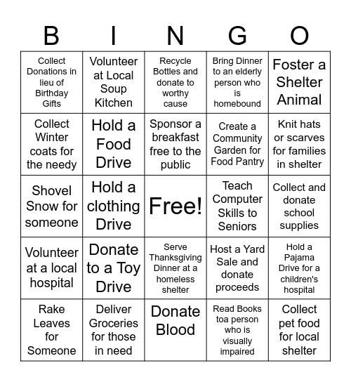Community Service Bingo Card