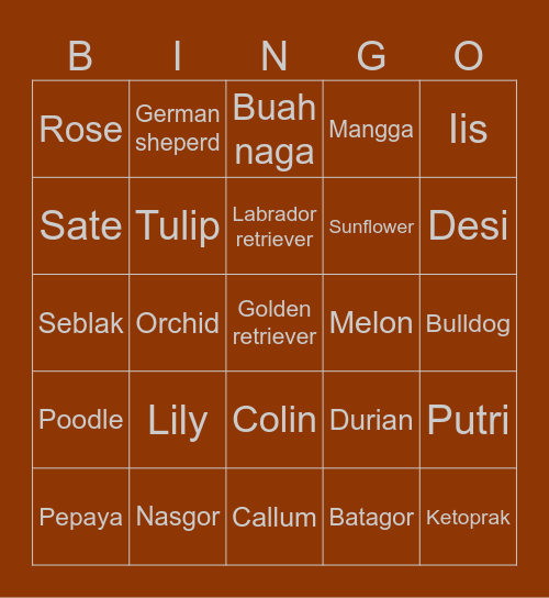 R O B Bingo Card