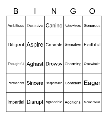 Cursive Words of the Day Bingo Card