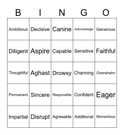 Cursive Words of the Day Bingo Card