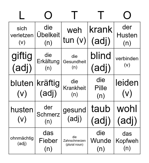 1.7 Health & Illness - Gesundheit u. Krankheit Bingo Card