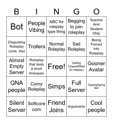 The FPE Roleplay Bingo yaya Bingo Card