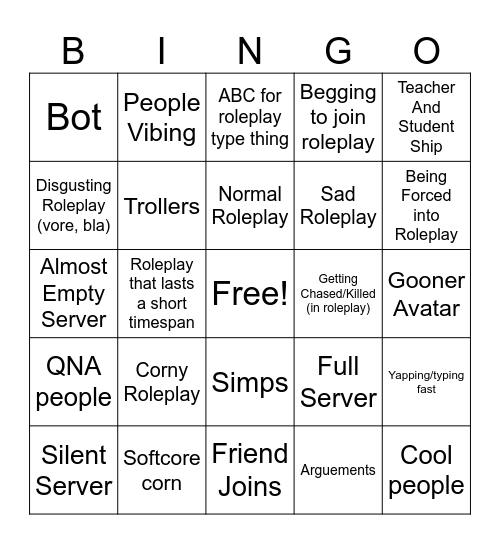 The FPE Roleplay Bingo yaya Bingo Card