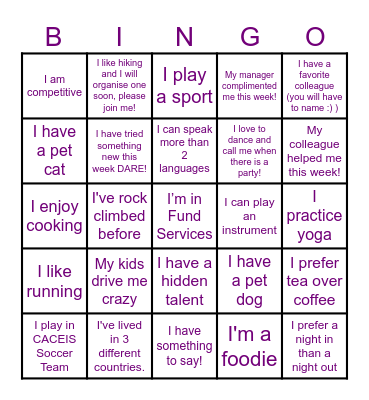 Get to know your coworkers Bingo Card