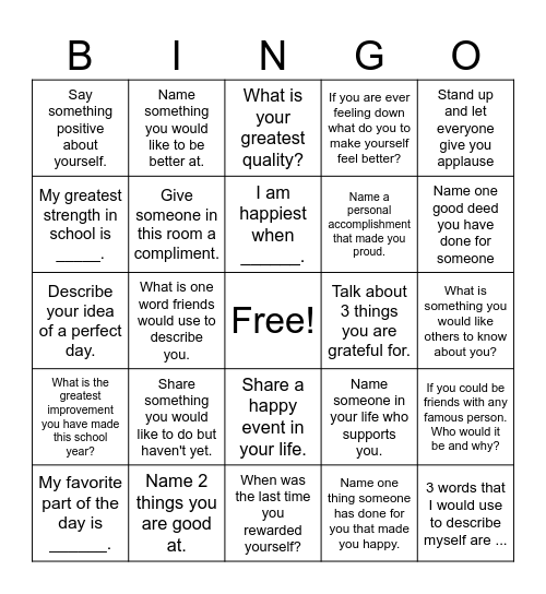 Self-Esteem Bingo! Bingo Card
