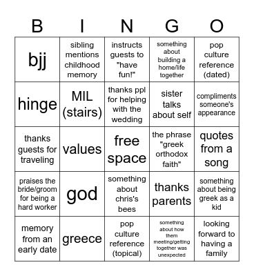 wedding speech bingo Card