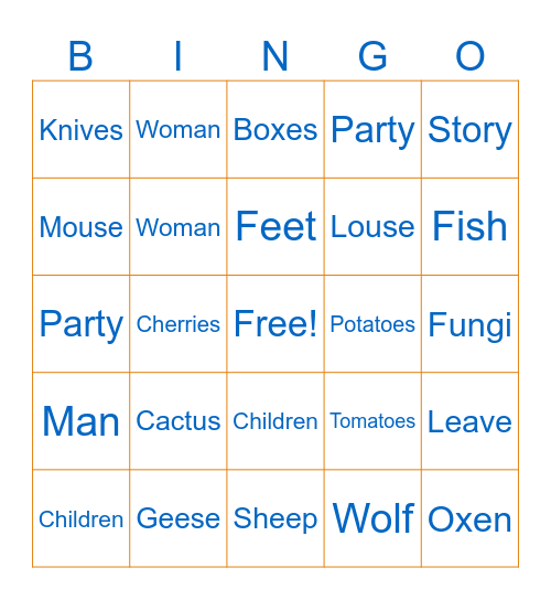 Singular and Plural Nouns Bingo Card