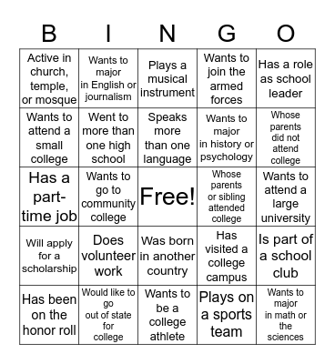 Upward Bound BINGO Card