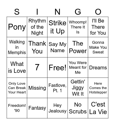 IATA SINGO : 90's Hits Bingo Card