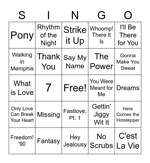 IATA SINGO : 90's Hits Bingo Card