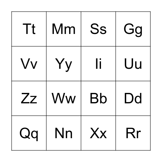 Alphabet Bingo Q-Z Bingo Card