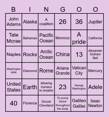 Guess and Learn ! Bingo Card