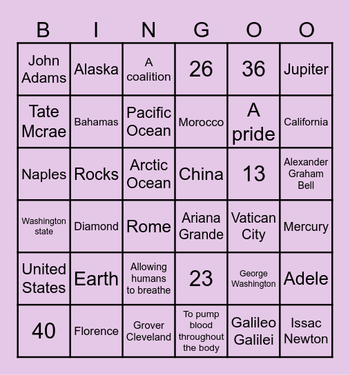 Guess and Learn ! Bingo Card