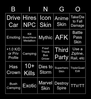 Fortnut Bingo Card