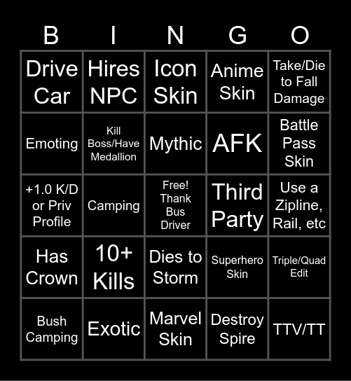 Fortnut Bingo Card