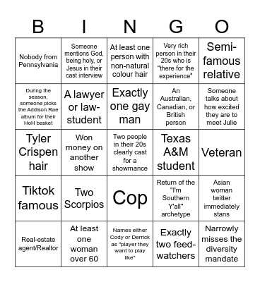 BB27 Cast BINGO! Bingo Card