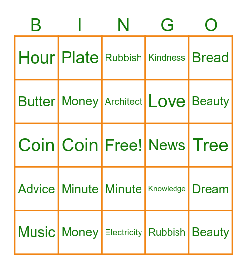 Nouns Bingo Card