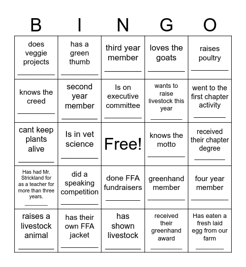 FFA human bingo Card